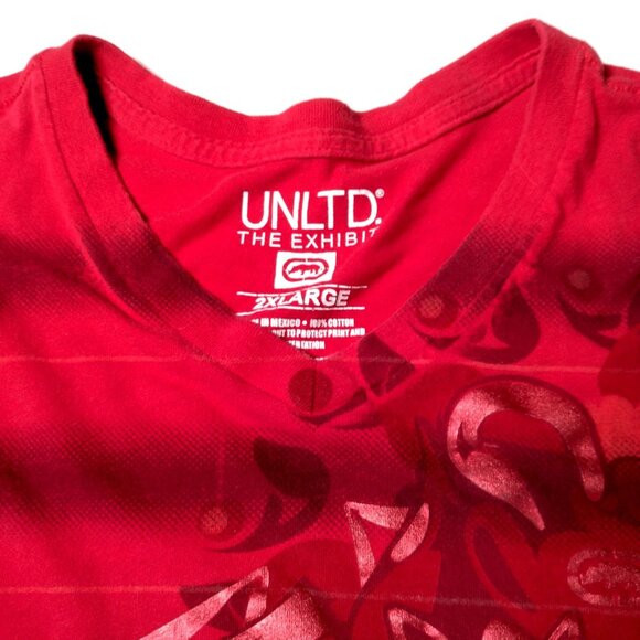 Ecko Unltd The Exhibit Shirt Men 2XL Red Stripe Y2K Foil Graphic Retro V Neck - Picture 12 of 13